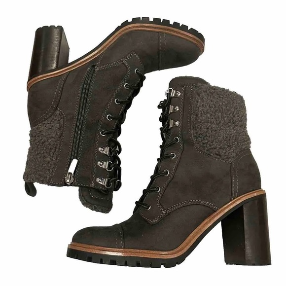 Nine West Phaedra Lace Up Suede Block Heel Boots Gray 3.25” Heel Sz 8 - Picture 2 of 5